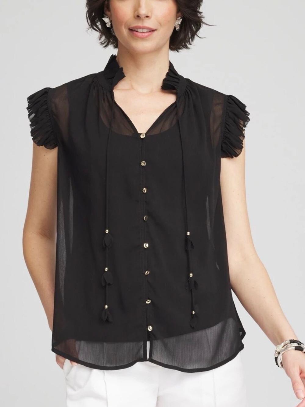 Chico's Black Sheer Ruffle-Trim Tie-Front Blouse
